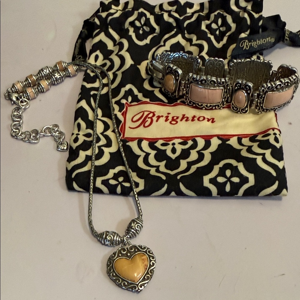 Brighton Vintage Pink Leather and Silver Heart Necklace with Matching Bracelet